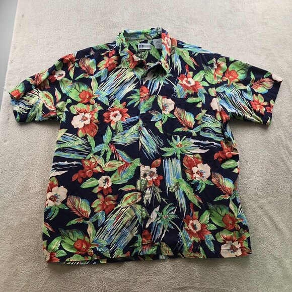 Untied Mens Hawaiian Shirt Size XL 100% Silk Navy Floral Short Sleeve Casual Y2K - Picture 11 of 12